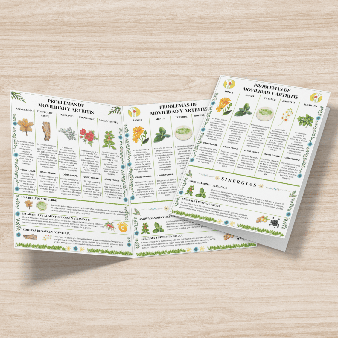 Brochures discussing herbal remedies for mobility and arthritis on a wooden surface.