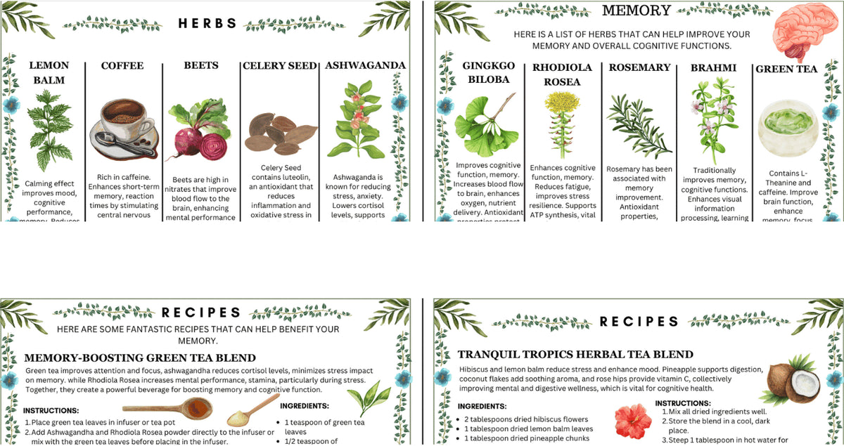 Herbs and recipes for improving memory and cognitive functions with accompanying illustrations and benefits.