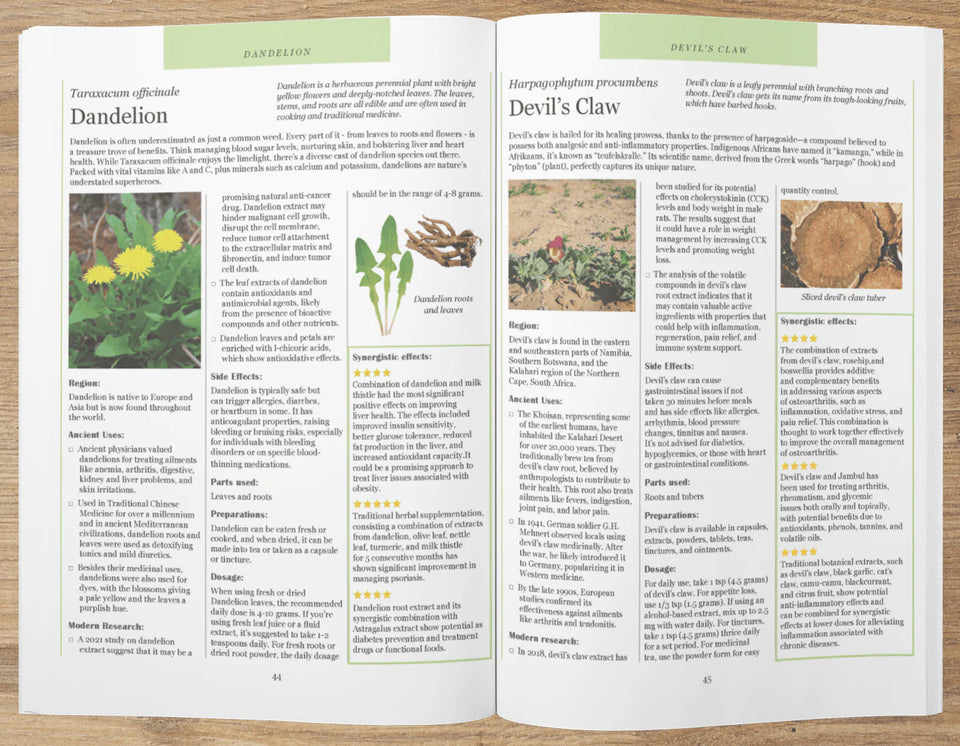 Text pages featuring detailed descriptions and images of Dandelion and Devil's Claw plants, their uses, benefits, and more.
