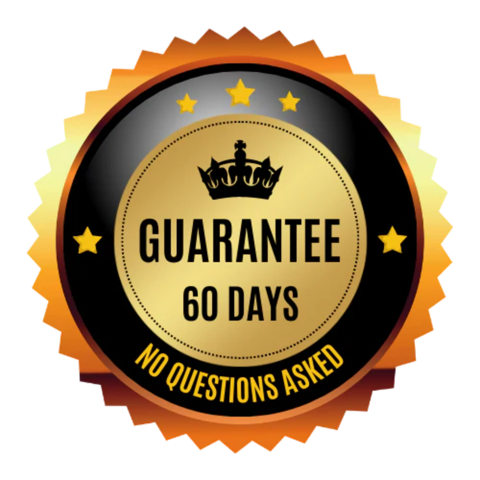 Gold and black badge with '60 Days Guarantee - No Questions Asked' text.