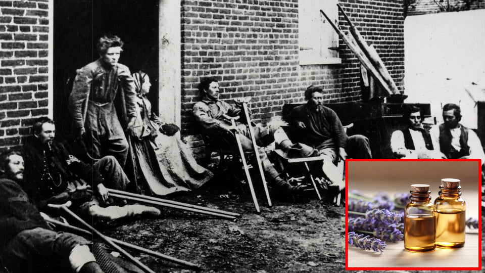 Historic photo of people with crutches, and a modern inset of two essential oil bottles with lavender.