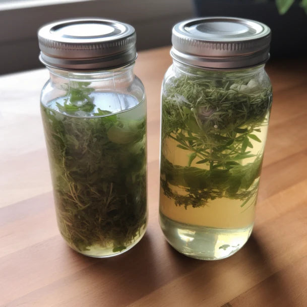 Two jars of herbs infusing in liquid on a wooden surface.