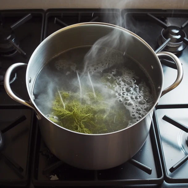 Steaming pot of water with herbs boiling on a gas stove.