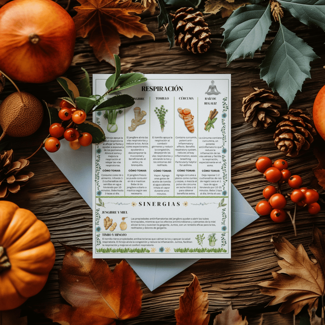 Herbal guide surrounded by autumn leaves, pumpkins, and pinecones on a wooden table.