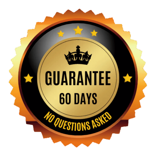 Gold seal with '60 Days Guarantee - No Questions Asked' text inside.