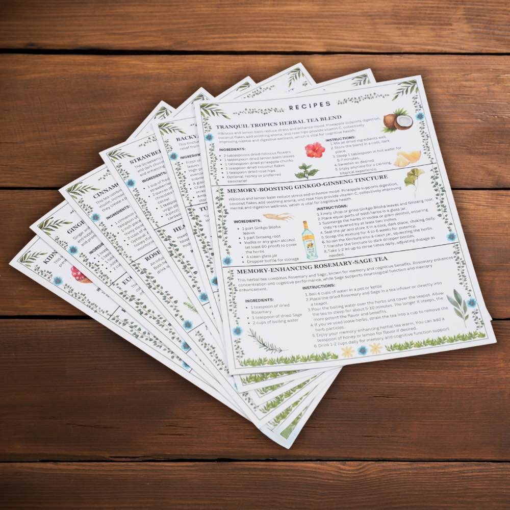 Several herbal recipe sheets fanned out on a wooden surface.