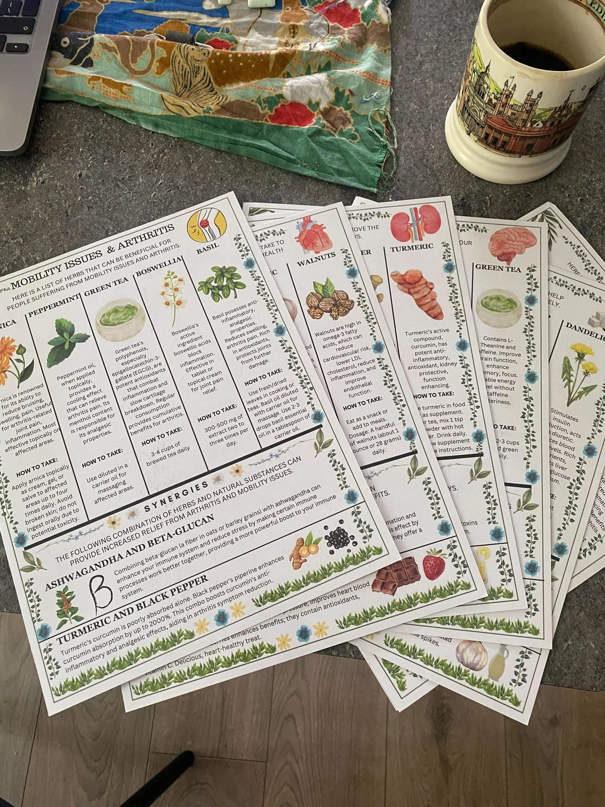 Flyers on medicinal herbs for arthritis and mobility issues, next to a mug and a colorful cloth.