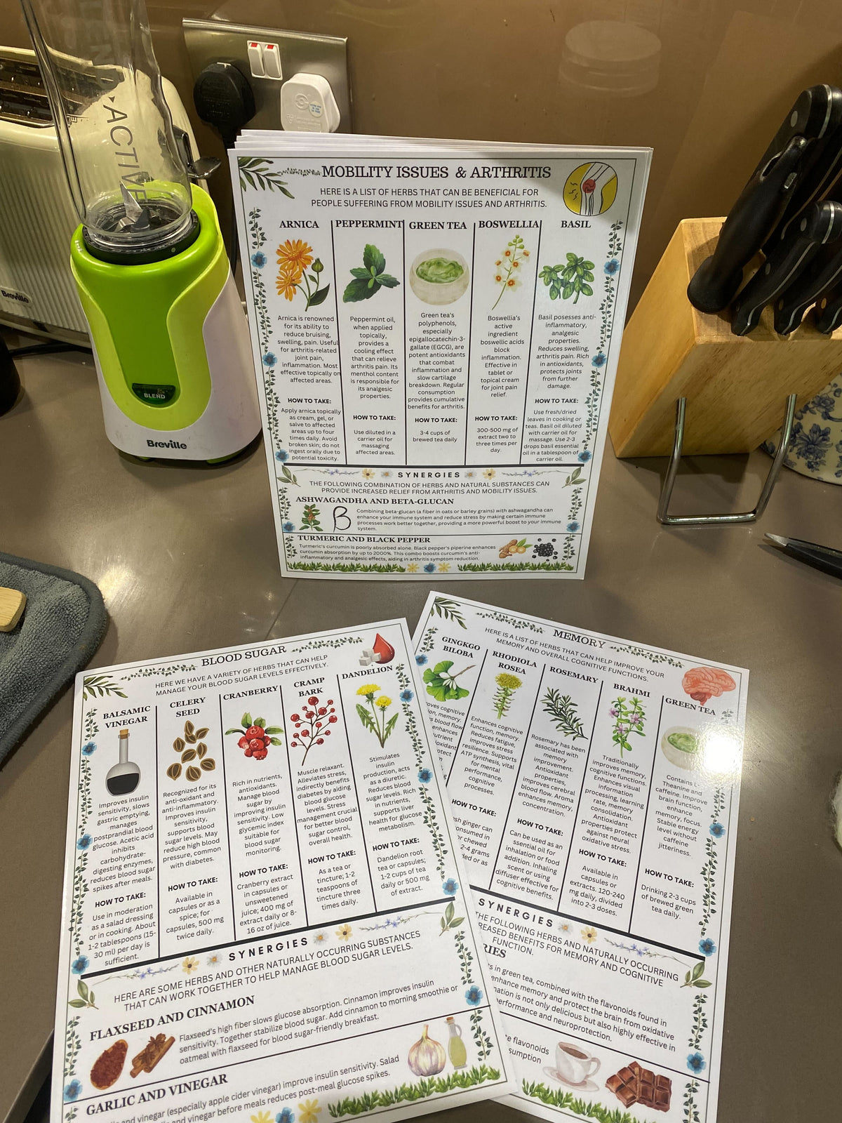 Three herbal remedy information sheets on a kitchen counter near a Breville blender and knife block.
