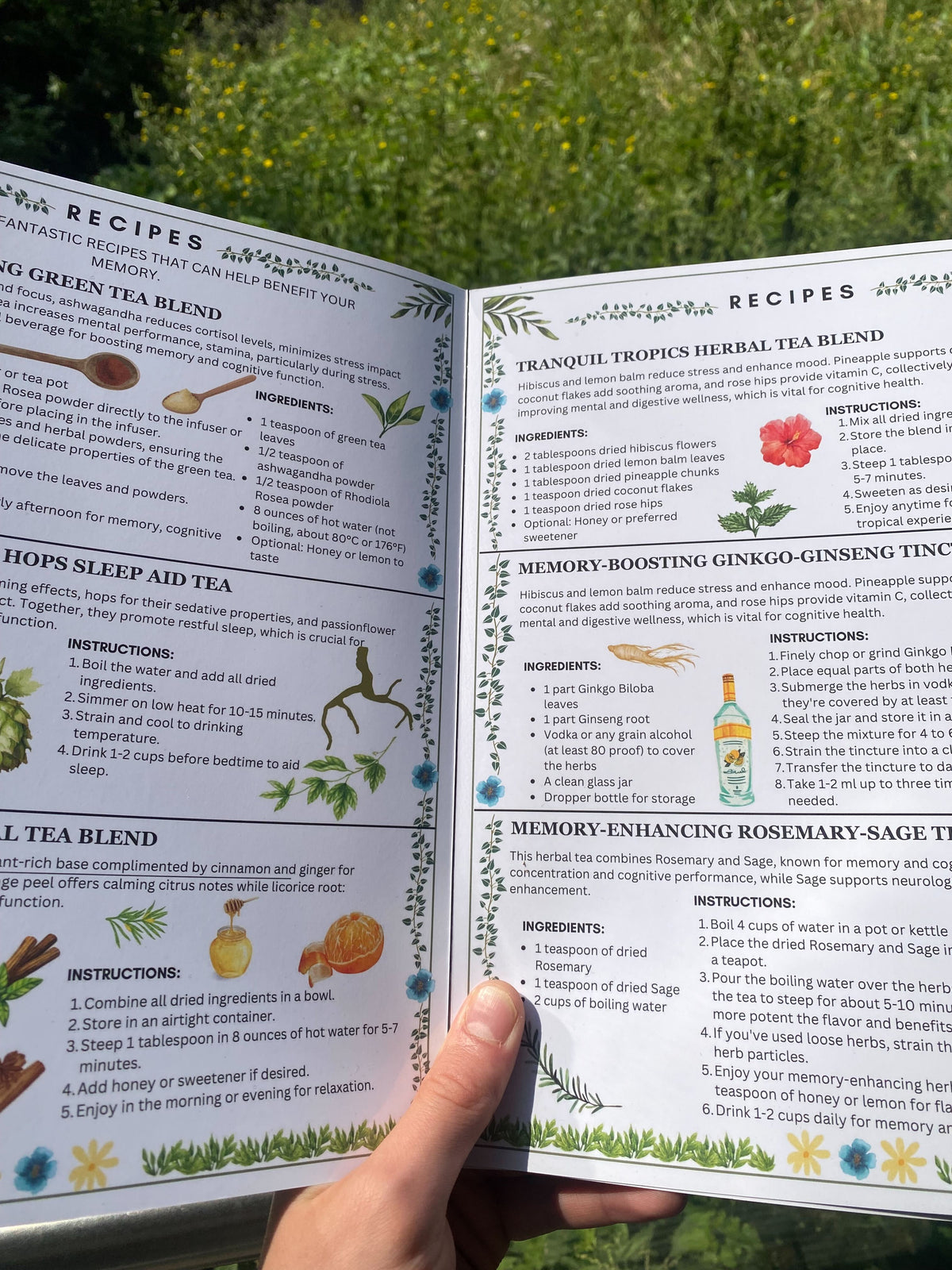 Open recipe book featuring herbal tea blends for memory and relaxation, held outdoors against a grassy background.