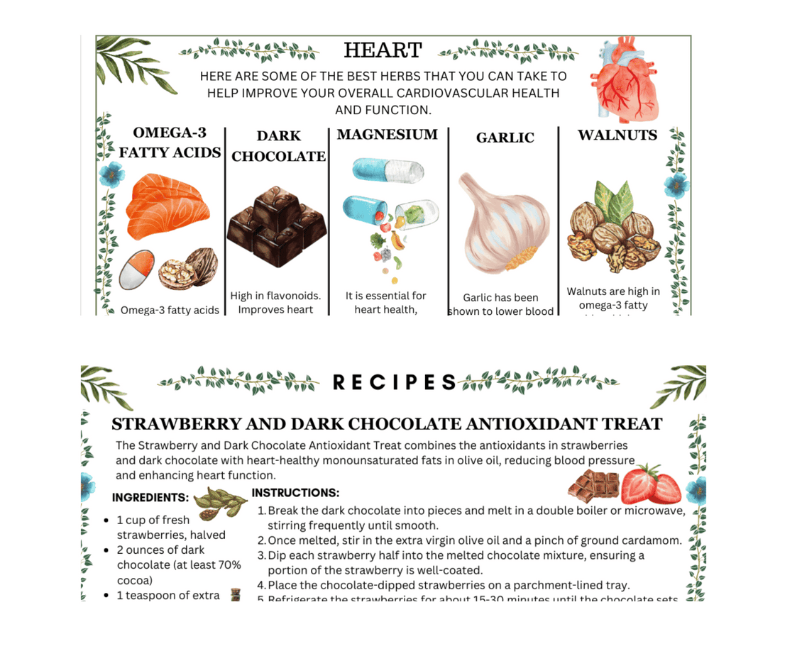 Infographic on heart health including omega-3, dark chocolate, magnesium, garlic, walnuts, and a strawberry chocolate recipe.