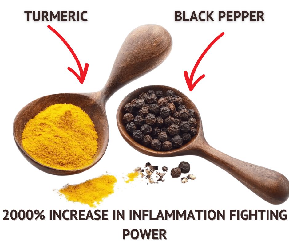 Turmeric and black pepper in wooden spoons, highlighting their anti-inflammatory benefits.