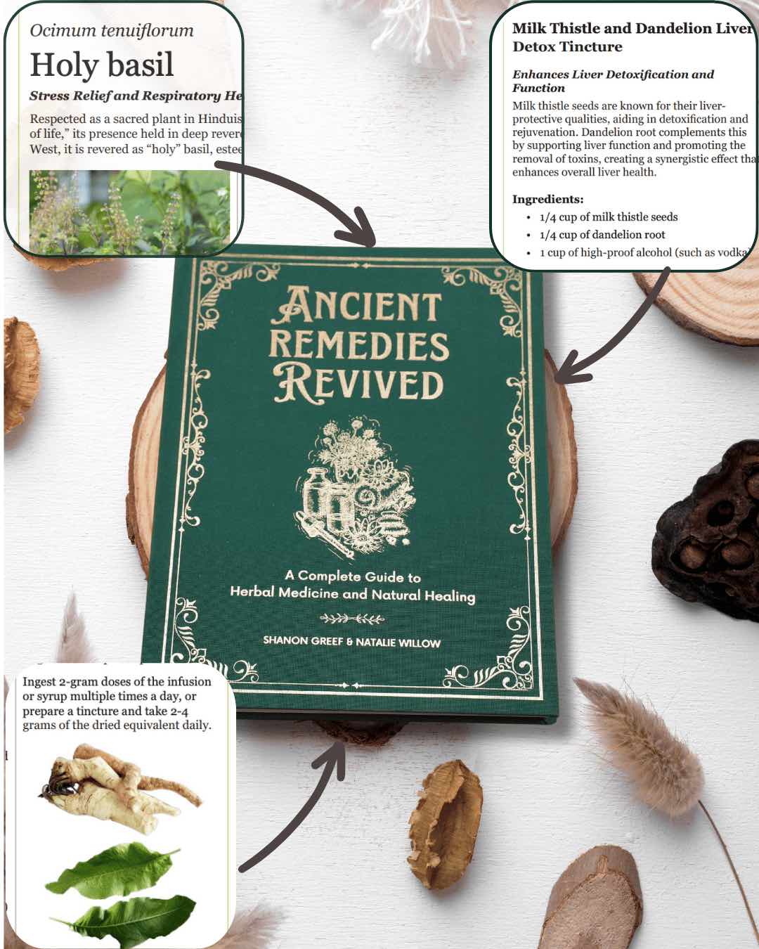 A book titled 'Ancient Remedies Revived' surrounded by herbs.