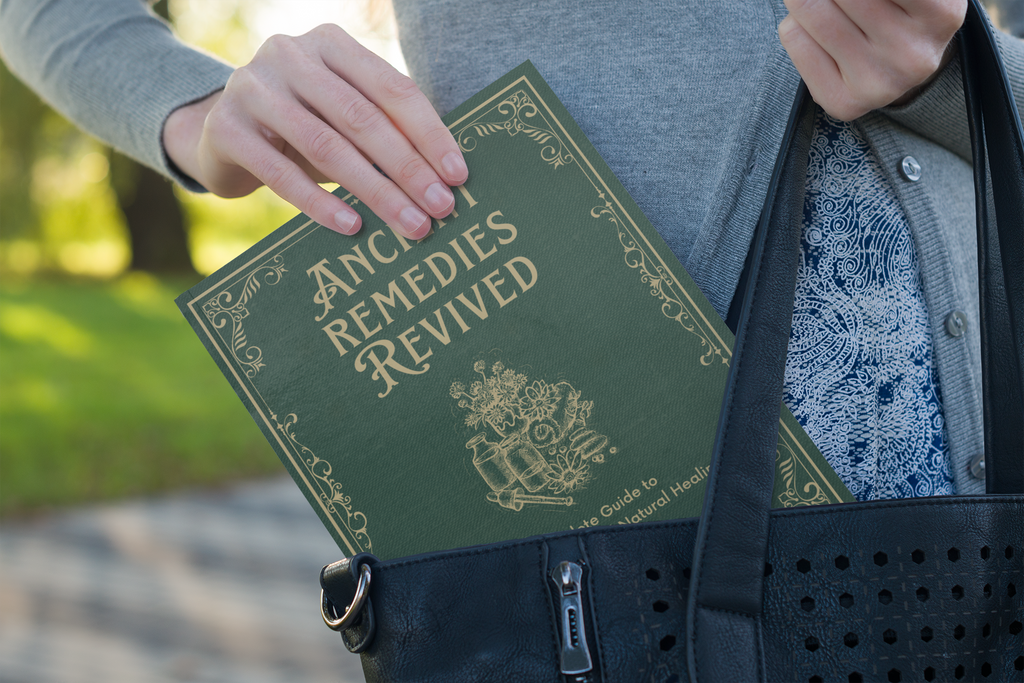 Person holding a book titled 'Ancient Remedies Revived' with a bag on the side.
